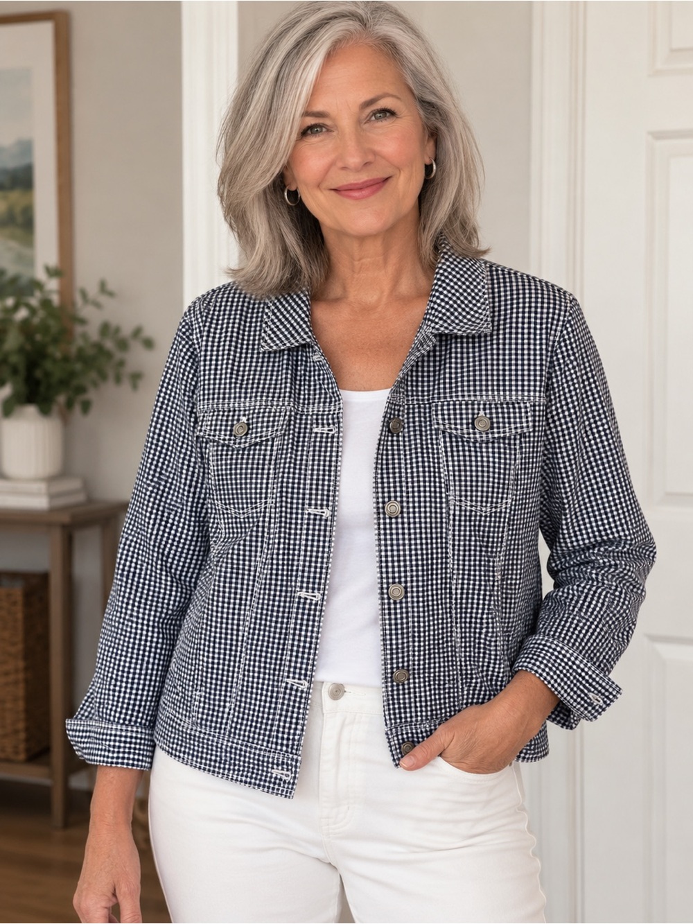 Peck & Peck Classic Navy & White Gingham Cotton Jacket Size L